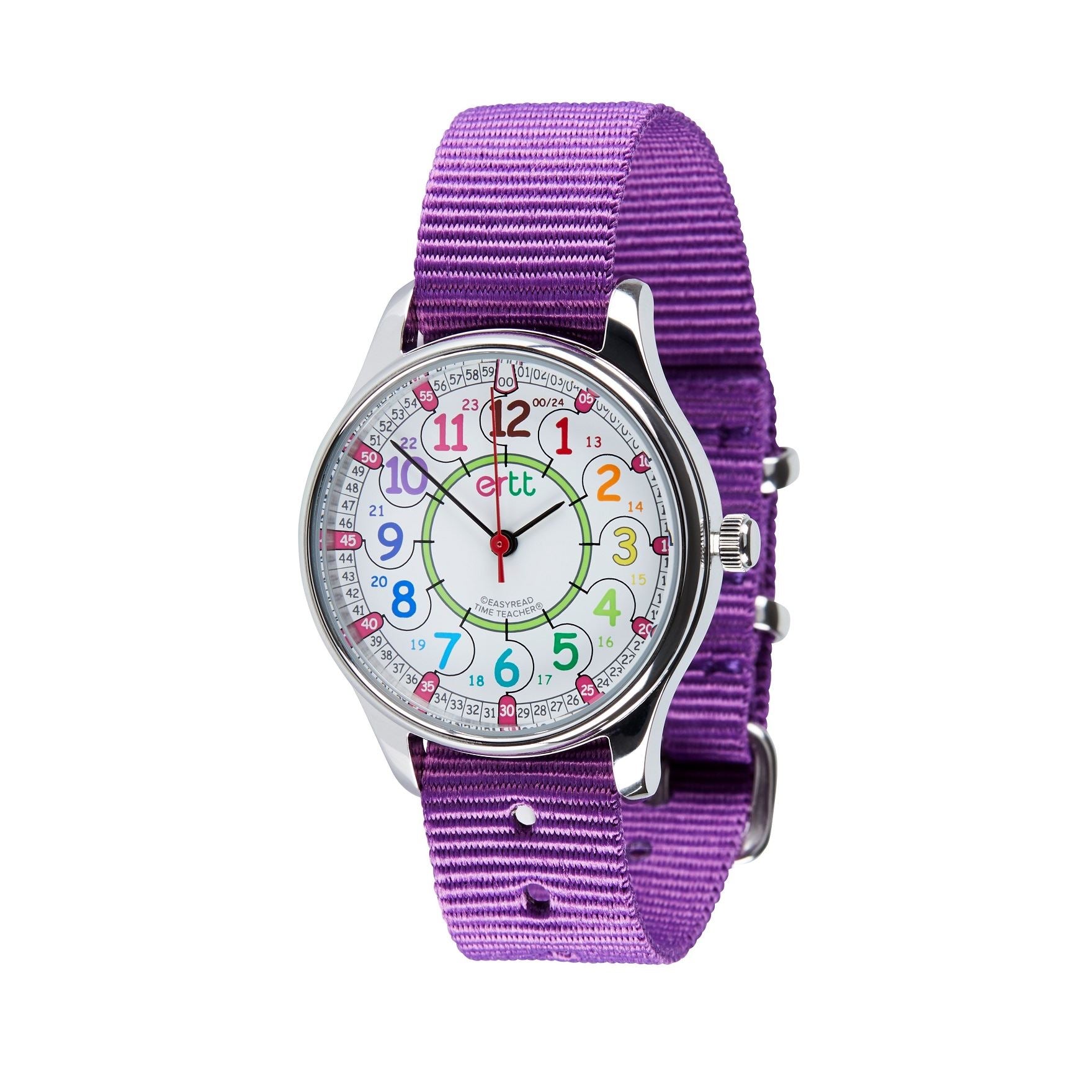 EasyRead Watch Waterproof 12 24 Hour Purple Strap Rainbow Face The Dyslexia Shop