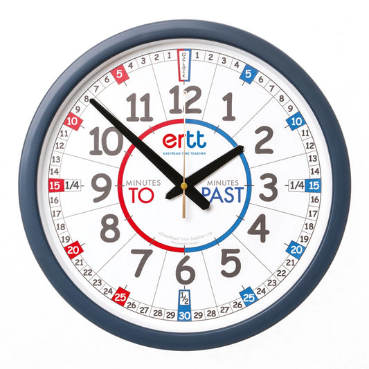 EasyRead 35cm Classroom Clocks Past & To English Language (Red & Blue Face)